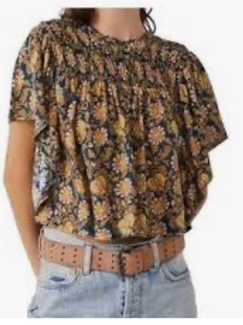 Free People Blue Floral Smocked Yoke Blouse